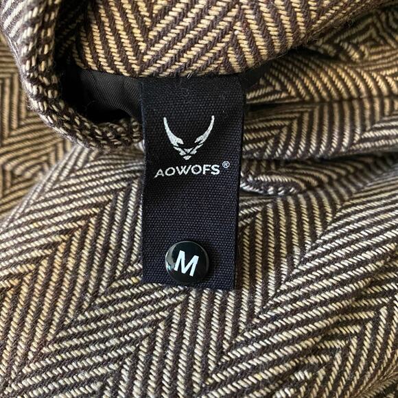 Aowofs Women's Herringbone Long Jacket Coat Size Medium Brown White Neck Strap - Picture 10 of 13